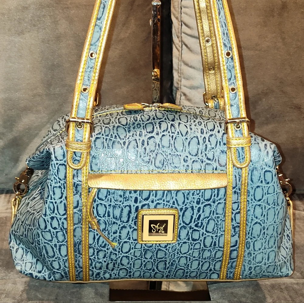 Sharif Blue and Gold Embossed Shoulder Bag - Picture 1 of 16